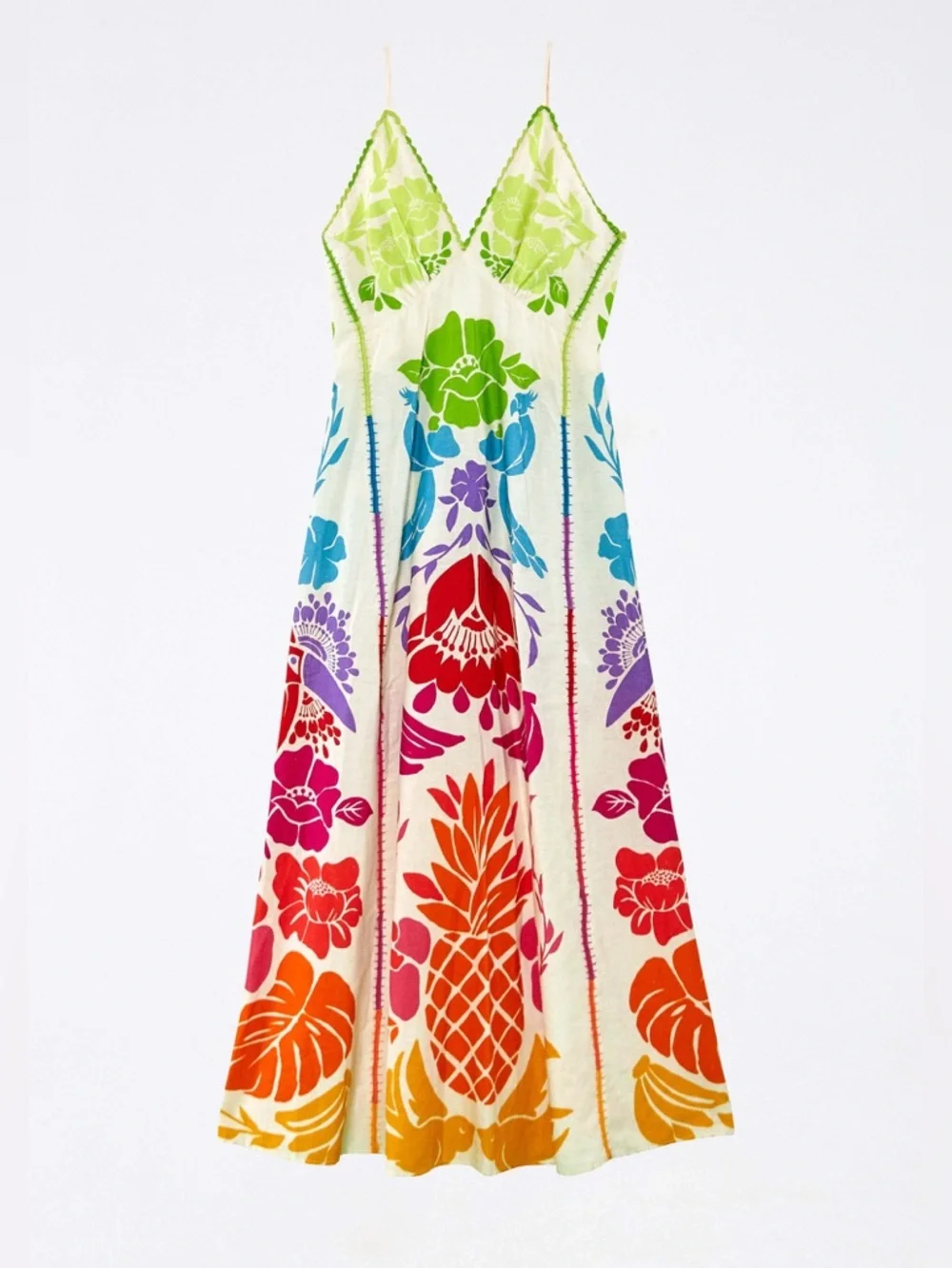 FARM Rio Colorful Tropical Pineapple Graphic Linen Blend Strappy Maxi Dress S - Picture 4 of 16